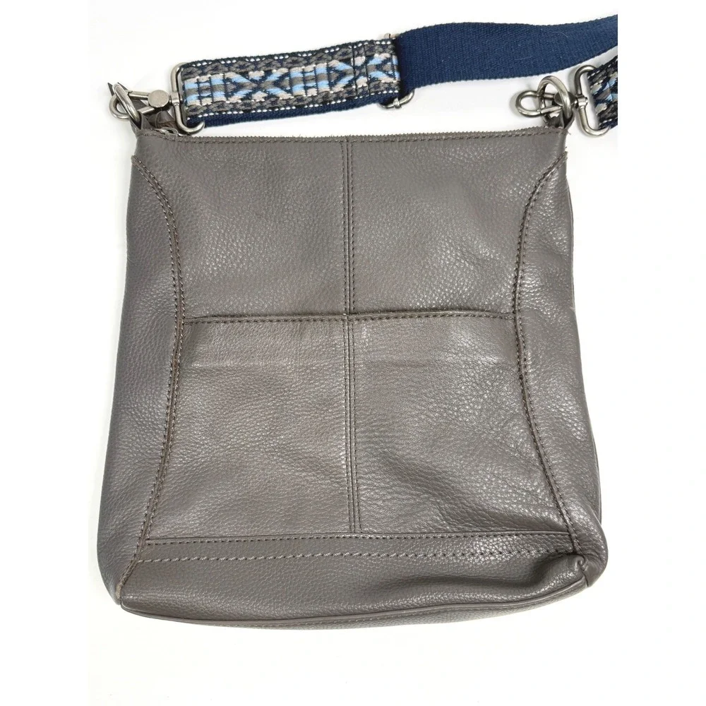 The Sak Gray Pebbled Leather Crossbody Bag Woven Blue Guitar Strap Boho Purse